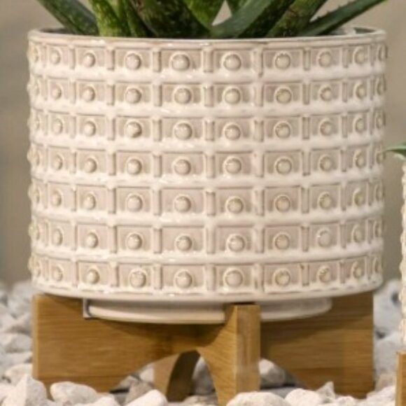 New Ceramic Textured Beaded Flower Herbs Planter Pot With Wood Stand - Picture 2 of 12